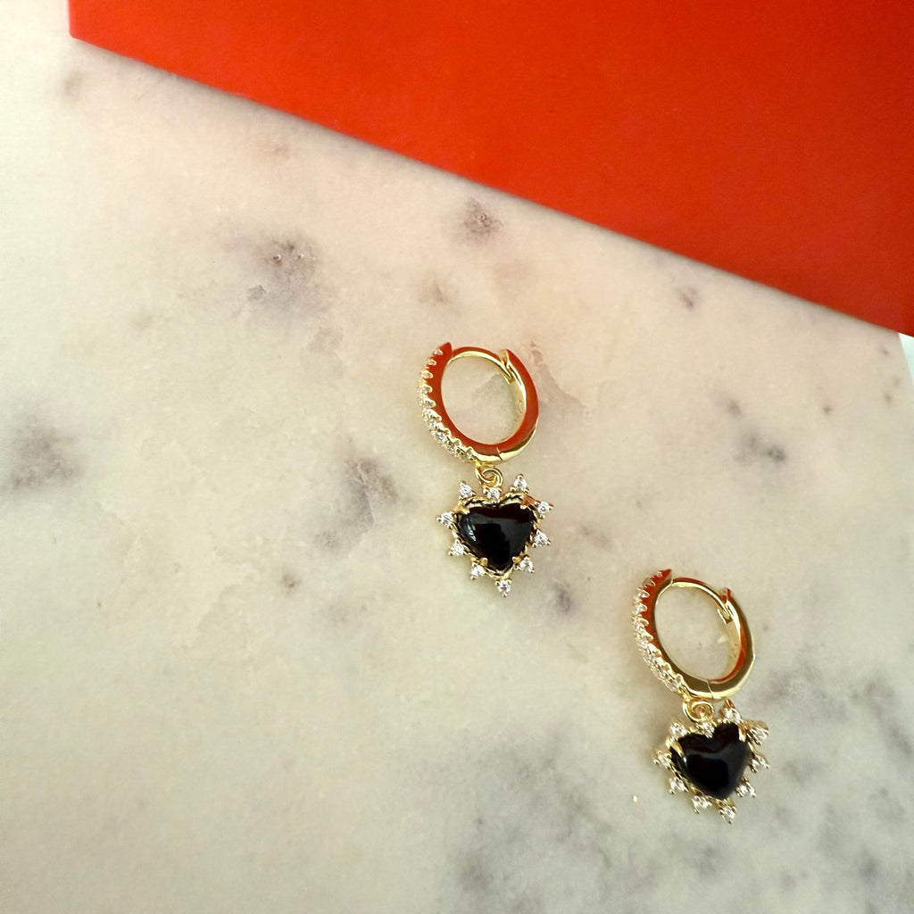 CZ Onyx Heart Hoop Earrings