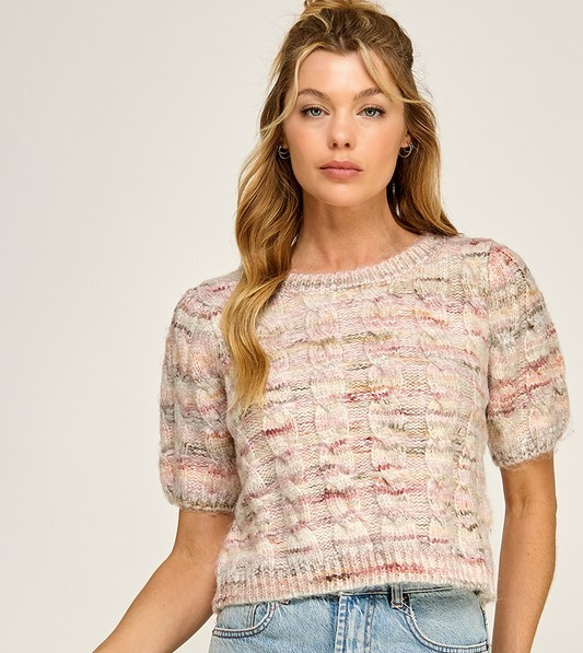 Puff Short Sleeve Cable Sweater Top