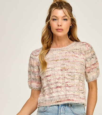 Puff Short Sleeve Cable Sweater Top