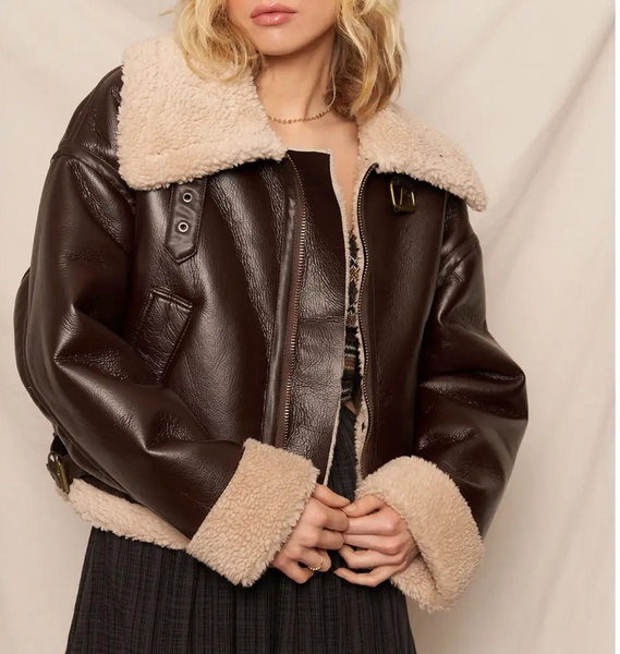 (Pre-Order) Oversized Faux Leather Aviator Jacket with Sherpa Trim