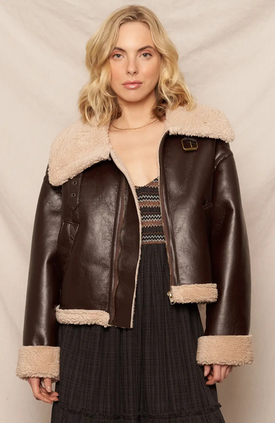 (Pre-Order) Oversized Faux Leather Aviator Jacket with Sherpa Trim