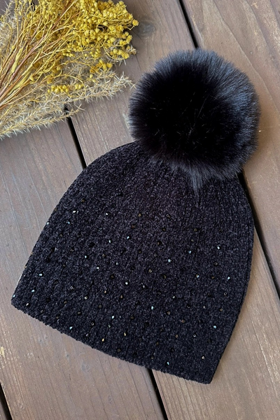 Blink Detail Knitted Beanie with Faux Fur Pom Pom (Choose Color)