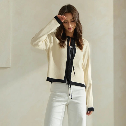 Contrast Trim Tie-Front Cardigan