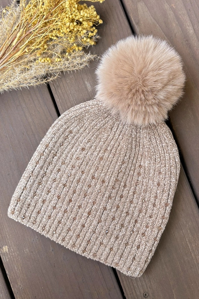 Blink Detail Knitted Beanie with Faux Fur Pom Pom (Choose Color)