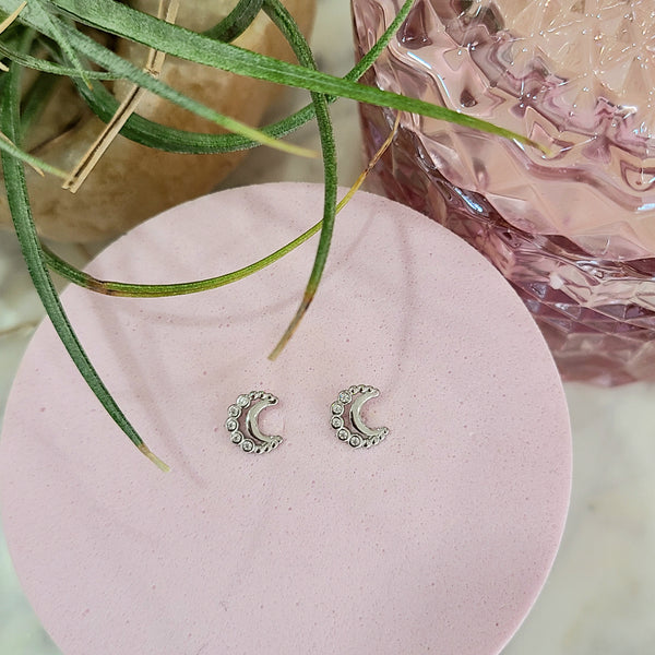 CZ Moon Stud Earrings (Gold, Silver)